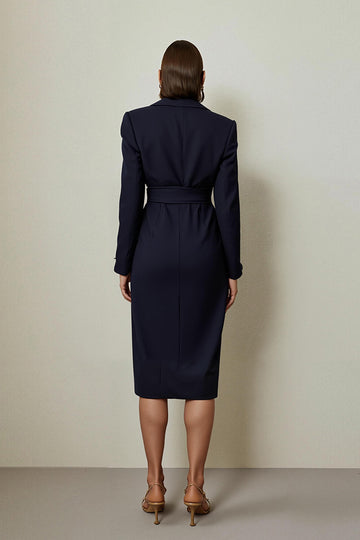 Navy Pencil Long Sleeve Midi Work Dress